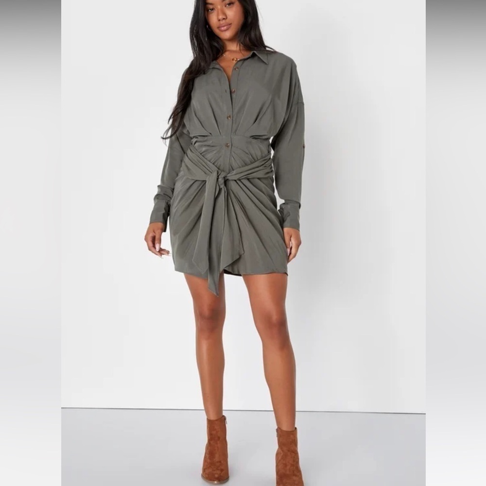 Lulu's Olive Green Shirt Dress with Front Tie